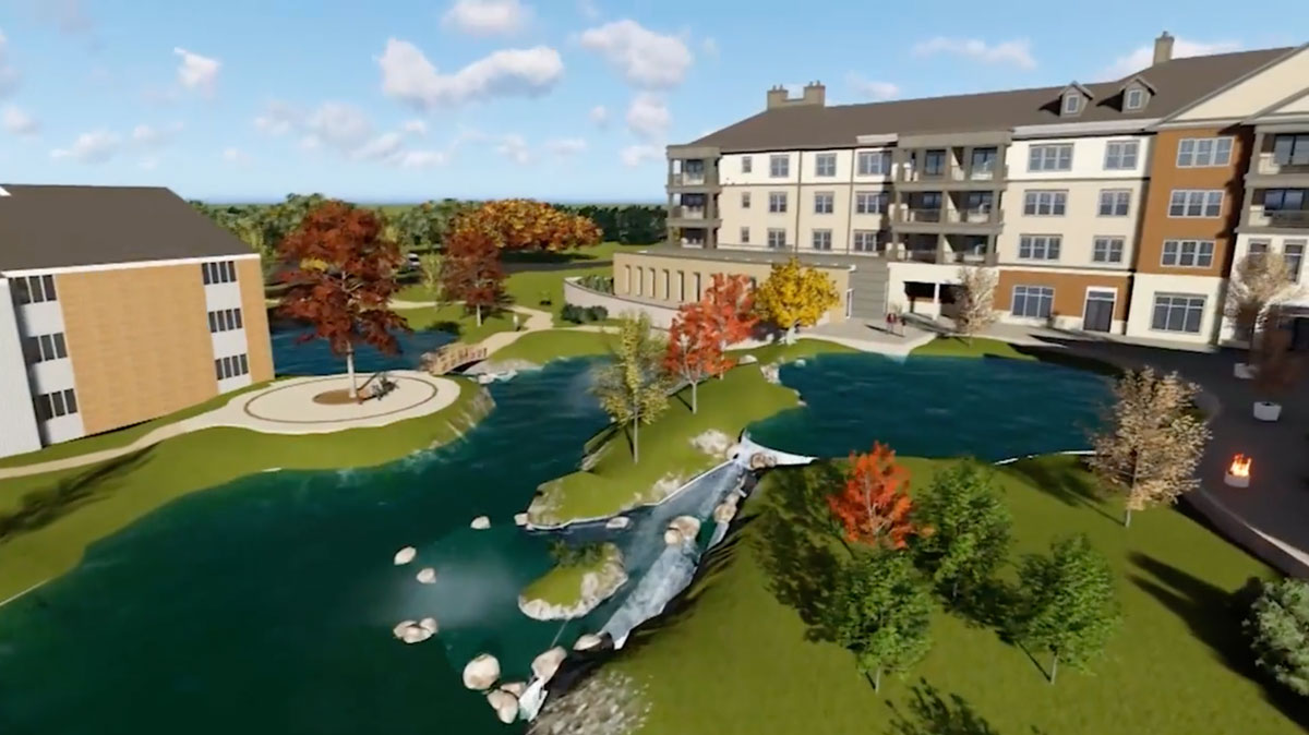 expansion rendering of new apartment buildings surrounding a lake with waterfall