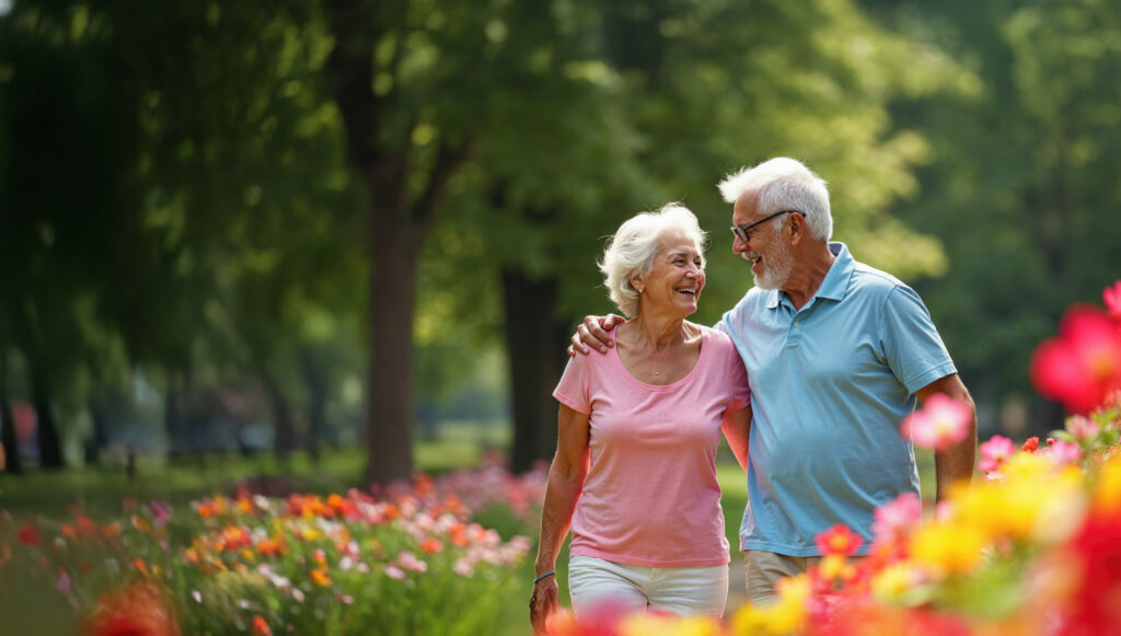 Couple walking through flowers