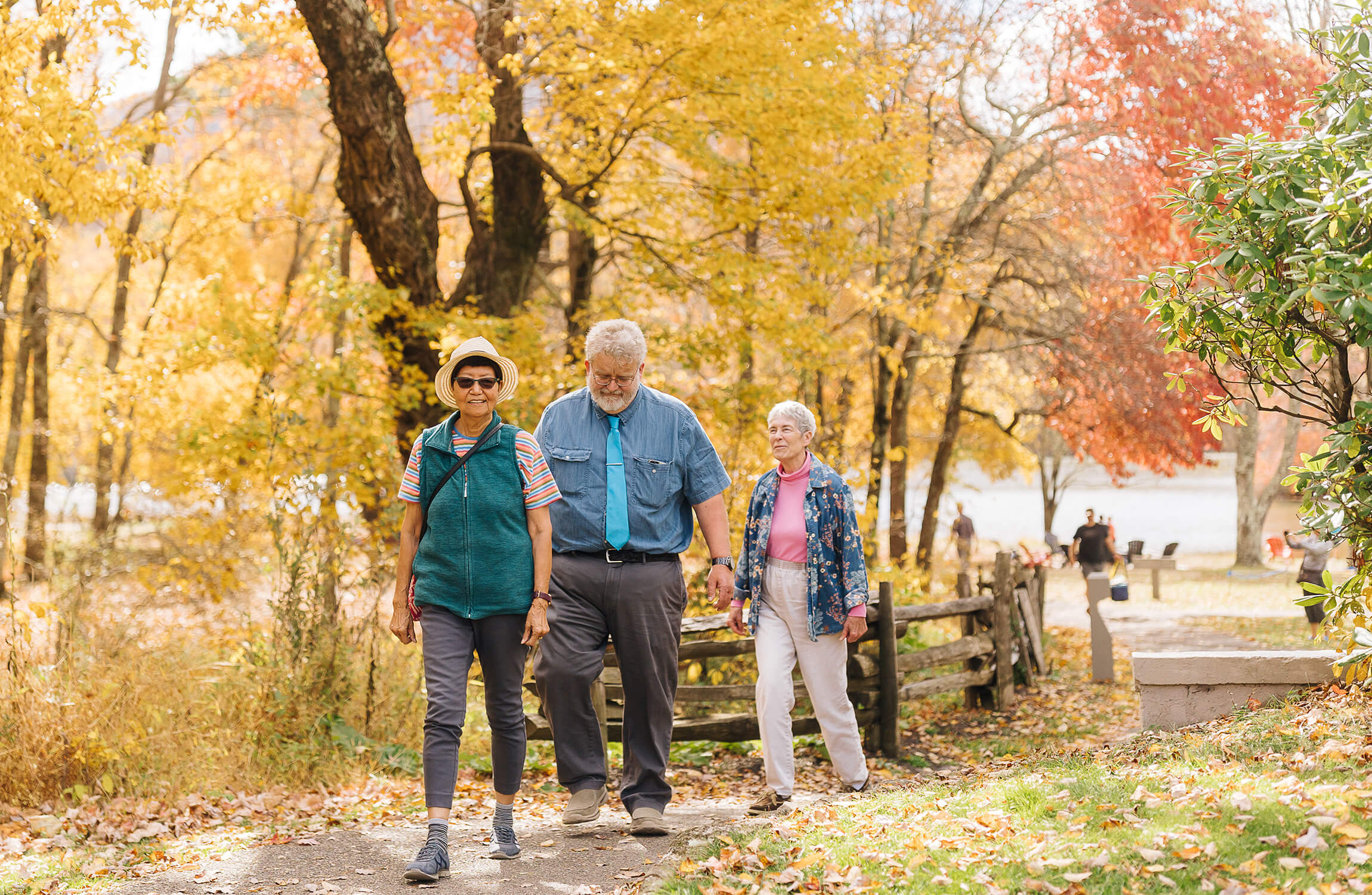Group of seniors enjoying a walk through a vibrant autumn forest trail.