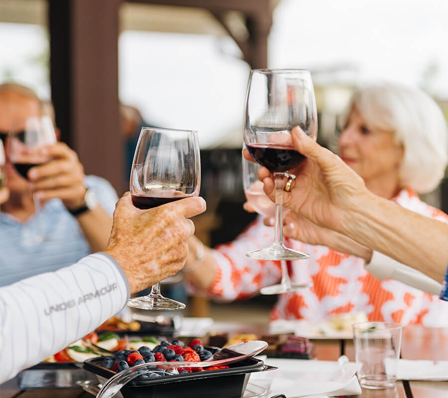 Group of people raising glasses for a toast with a fruit platter in the foreground.
