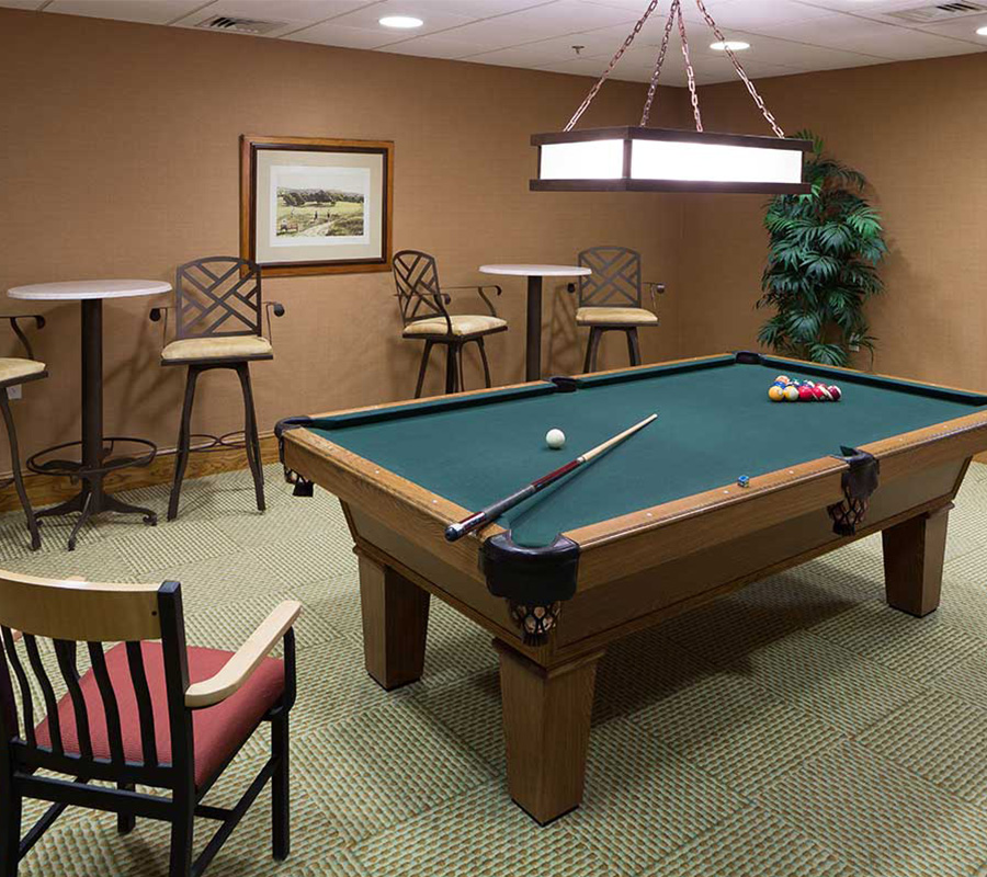 Billiards room in community area with pool table, seating, and art on wall.