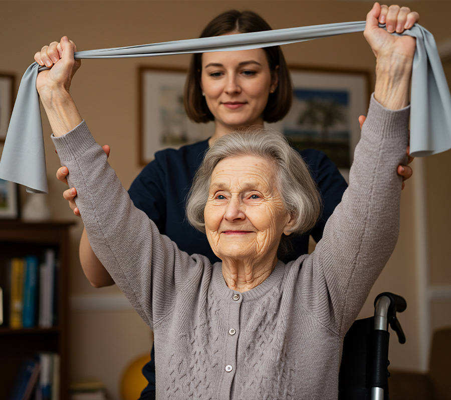Senior woman does resistance band workout with therapist