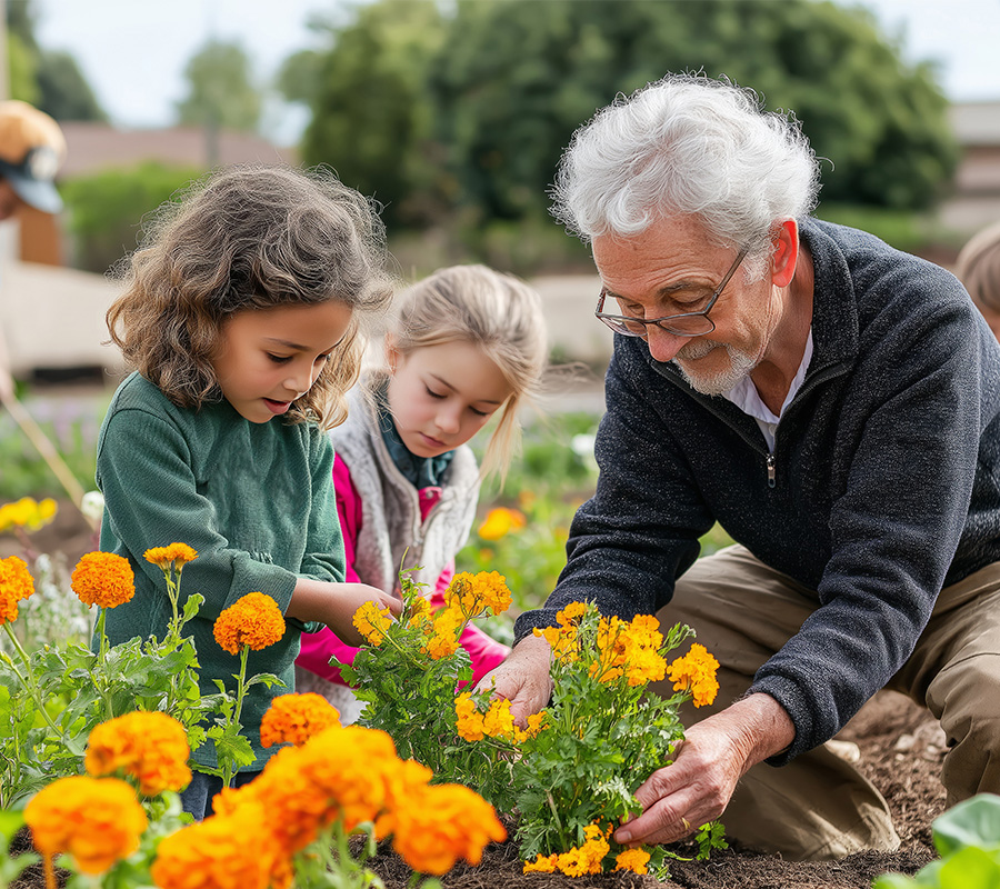 Elderly man and children gardening with marigold flowers in a vibrant outdoor space.