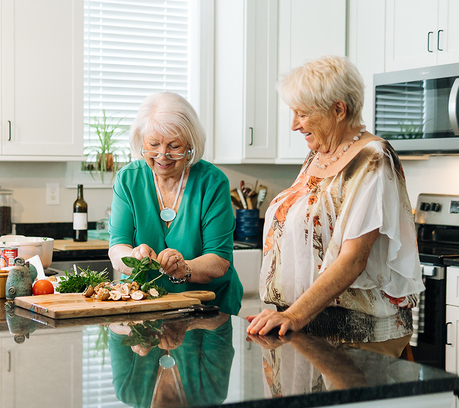 Two elderly women preparing a meal in a modern kitchen.