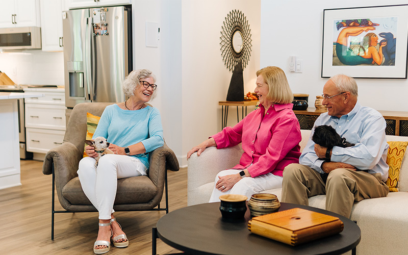Three seniors gather in a living room to enjoy each others company