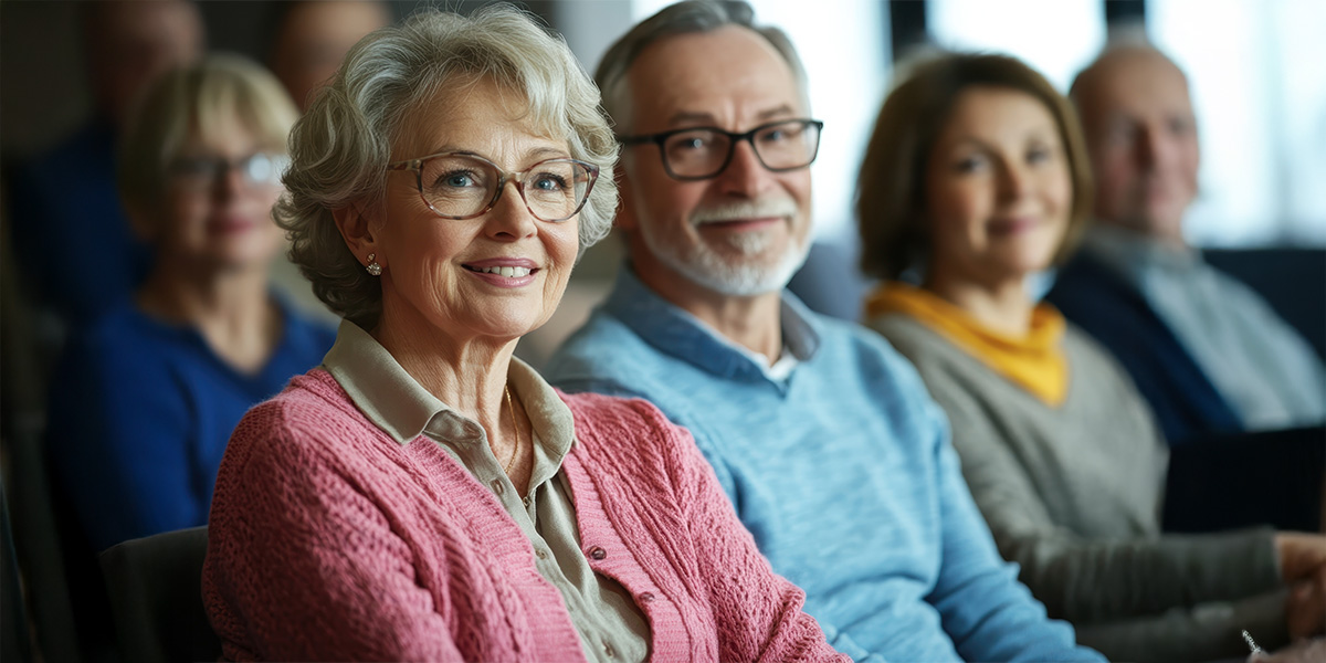 Seniors smiling while listening to a speaker