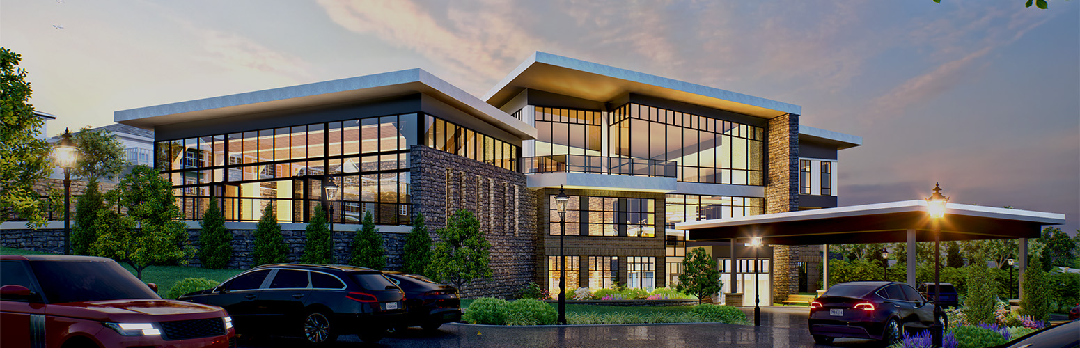 Modern senior living community building with large windows, surrounded by cars and greenery.