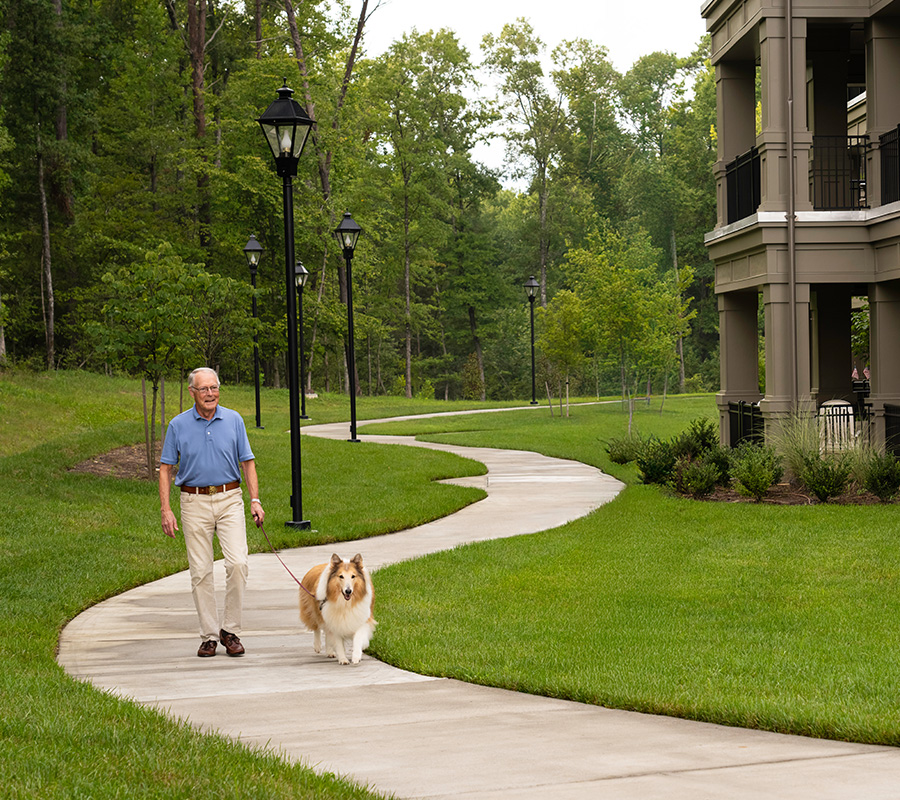 Senior man walking his dog along a community path