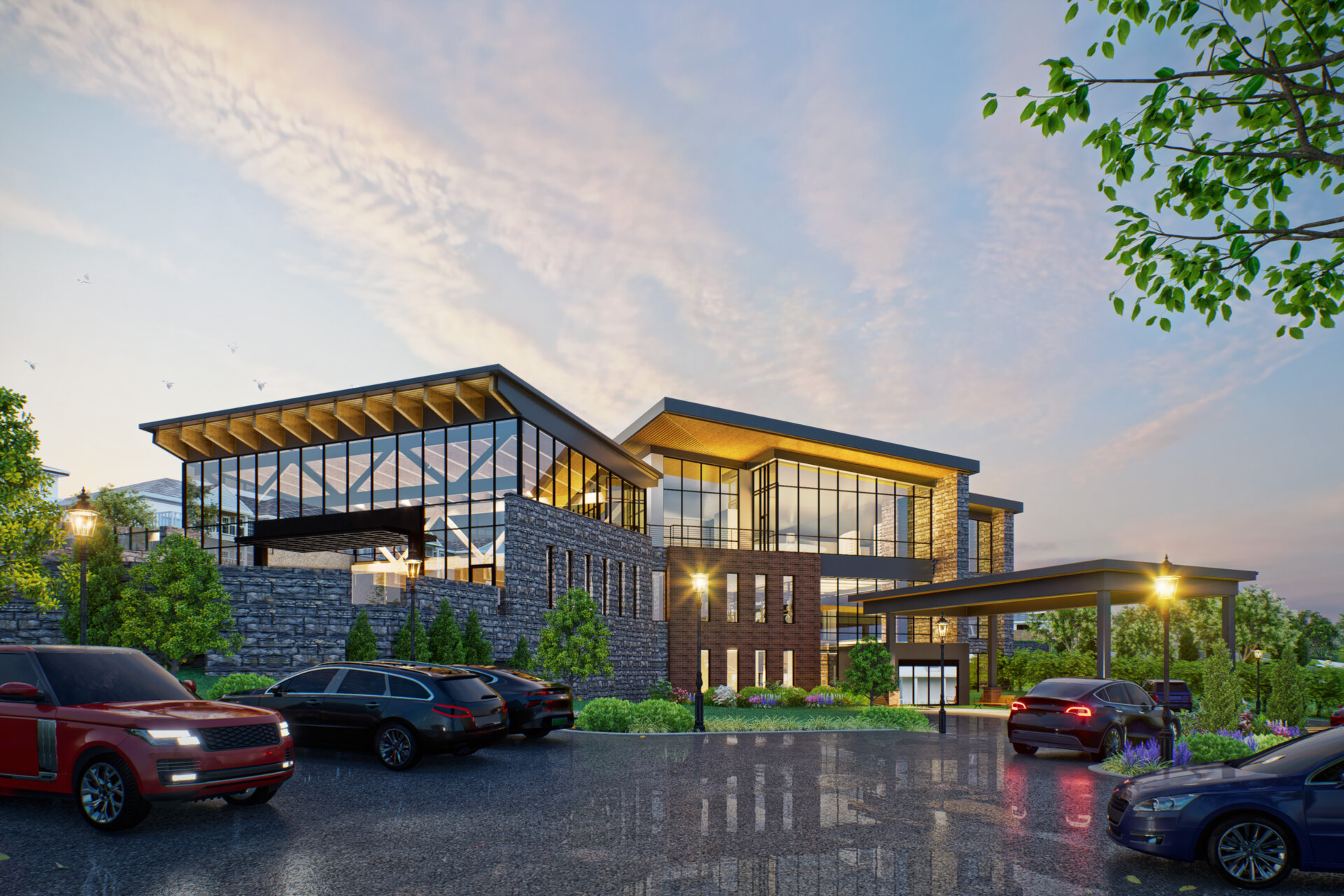 Blue Ridge Commons exterior rendering during dusk