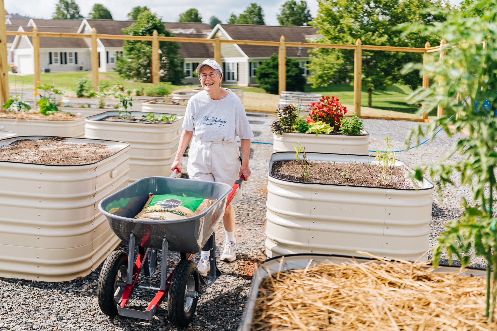 Pushing wheelbarrow